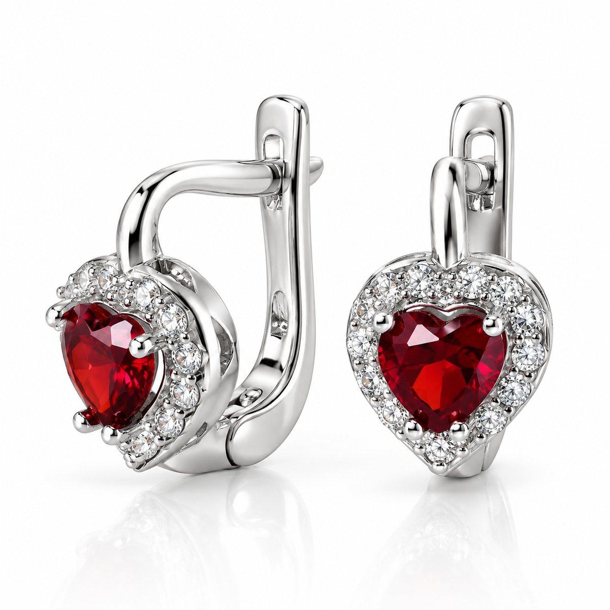 Cercei din Argint 925 Ruby Heart Elegance – Inimă Roșie Strălucitoare cu Pietre Albe, Simbol al Iubirii și Pasiunii. CD717