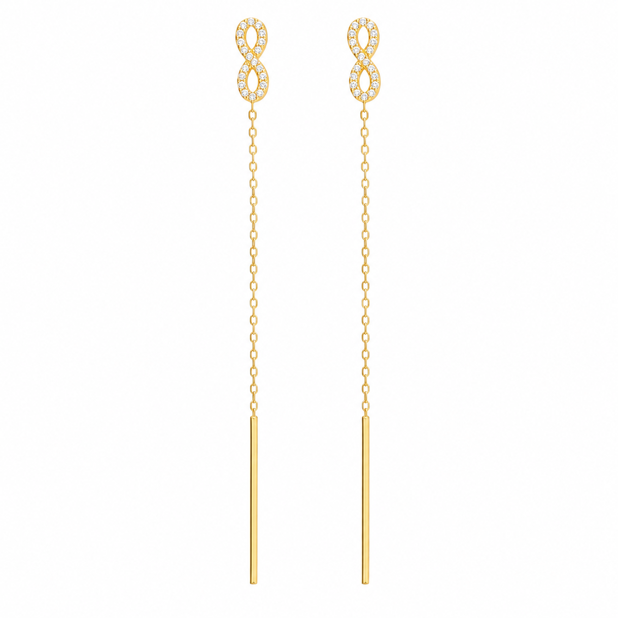Cercei Infinitul Auriu din Argint 925 Placat cu Aur 14K – Model Threader cu Zirconii Strălucitoare, 7.5 cm. CD617