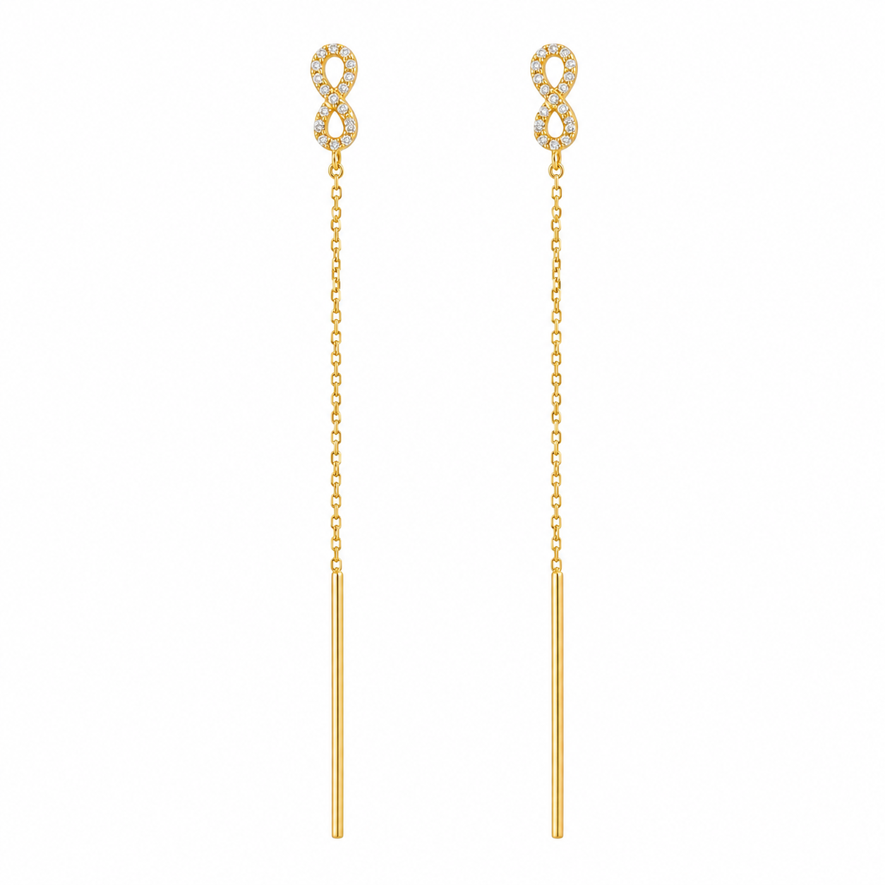 Cercei Infinitul Auriu din Argint 925 Placat cu Aur 14K – Model Threader cu Zirconii Strălucitoare, 7.5 cm. CD617