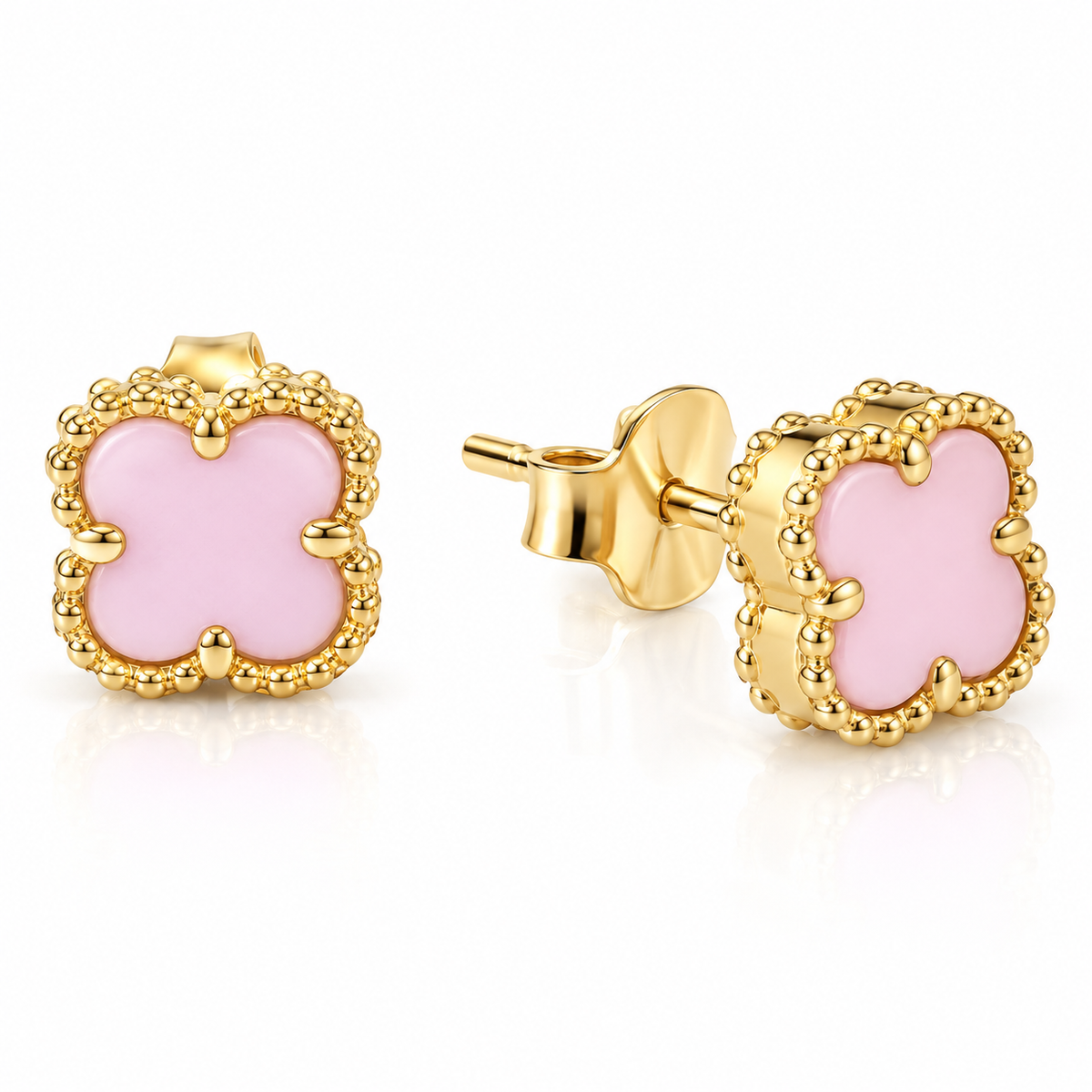Cercei Floare Roz din Argint 925 Placat cu Aur – Model Trifoi cu Patru Foi, Cercei Mici Eleganți pentru Femei. CD267