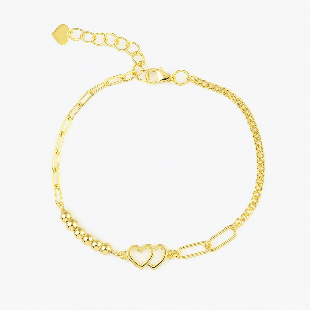 Brățară din argint 925 placată cu aur de 14K, design elegant cu inimi duble