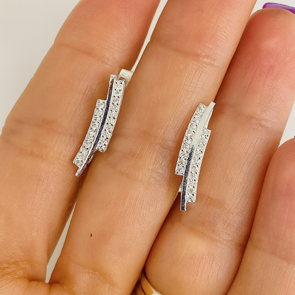 Cercei eleganți din argint 925 cu zirconiu, Design modern dublu