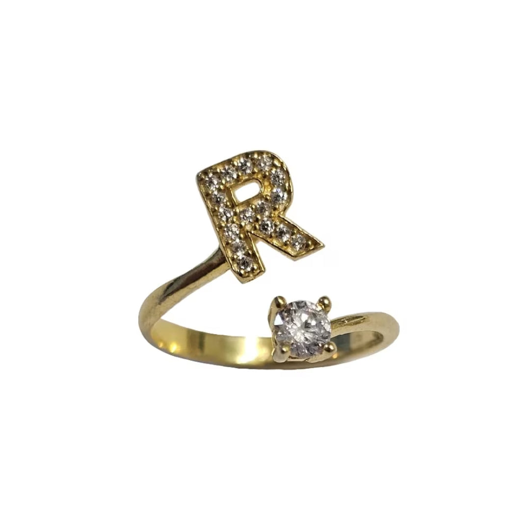 Inel reglabil cu initiala R din argint 925 suflat cu aur