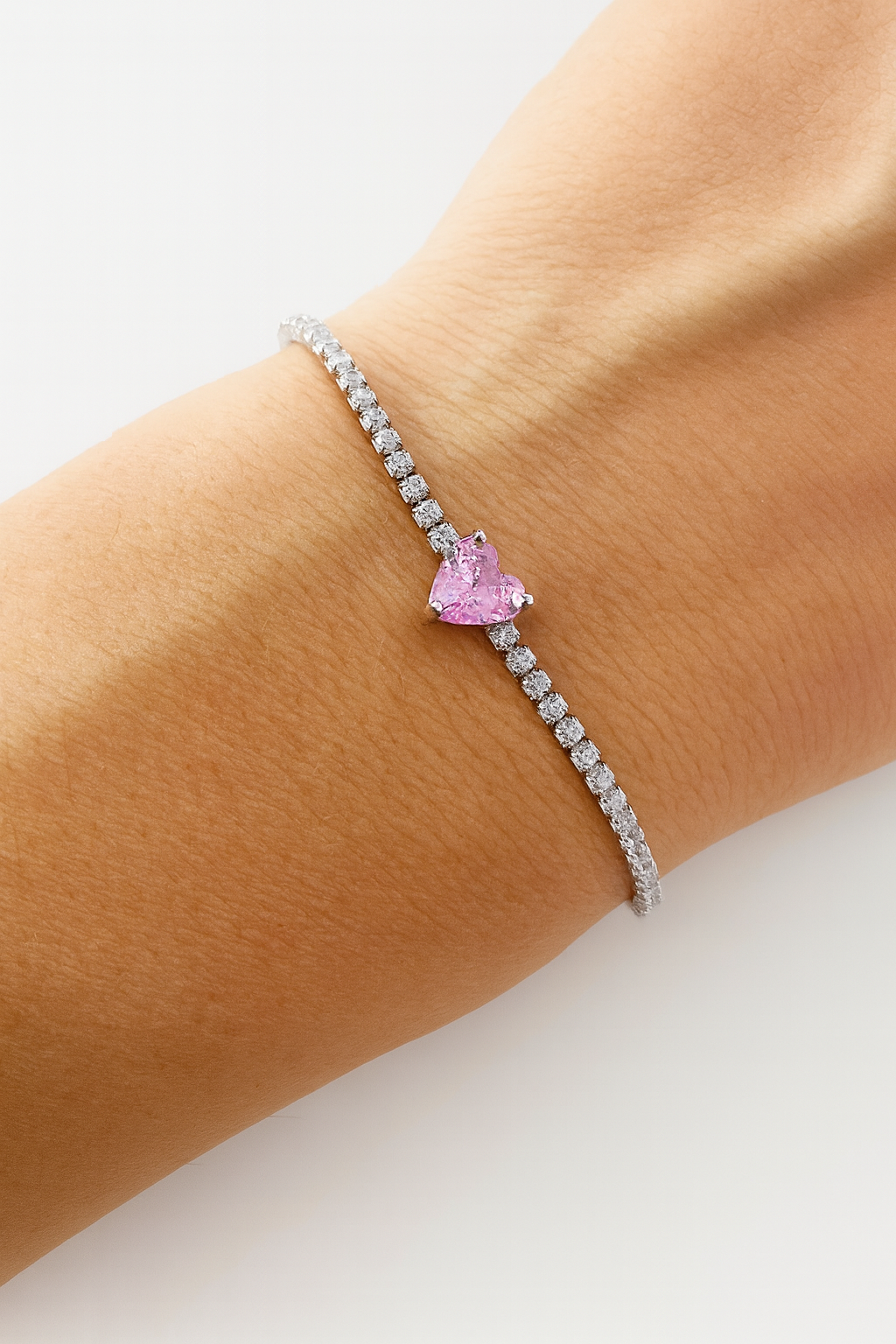 Brățară Tenis Pink Heart Sparkle din Argint 925 cu Safir Roz Inimă