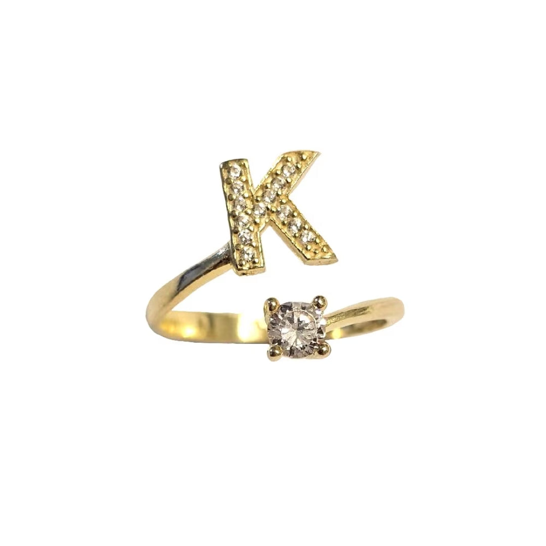 Inel reglabil cu initiala K din argint 925 suflat cu aur