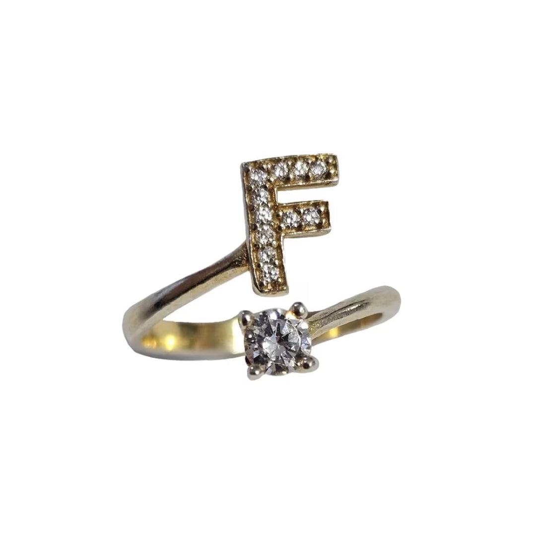 Inel reglabil cu initiala F din argint 925 suflat cu aur
