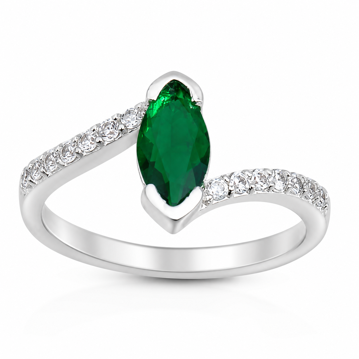 Inel argint 925 cu piatra verde smarald marquise si zirconii
