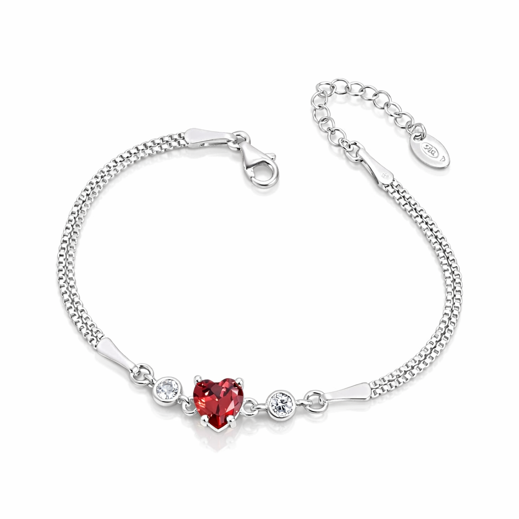 Bratara din Argint 925 cu Inima Rosie 8 mm si Cristale Zirconia – Lant Dublu Reglabil 17+3 cm. BD412