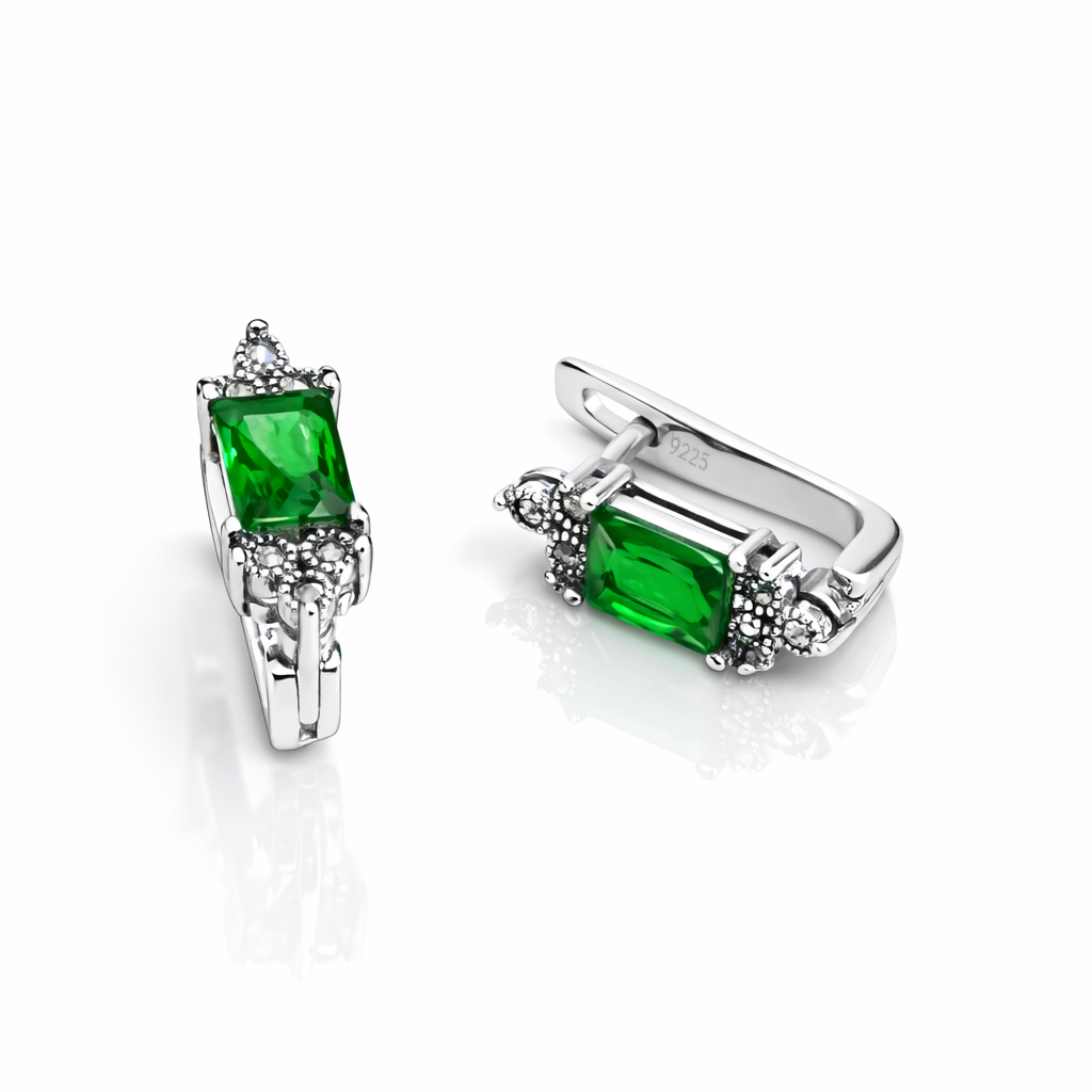 Cercei din Argint 925 cu Marcazite și Cristal Verde Smarald – Design Elegant Vintage, 18 mm. CD569