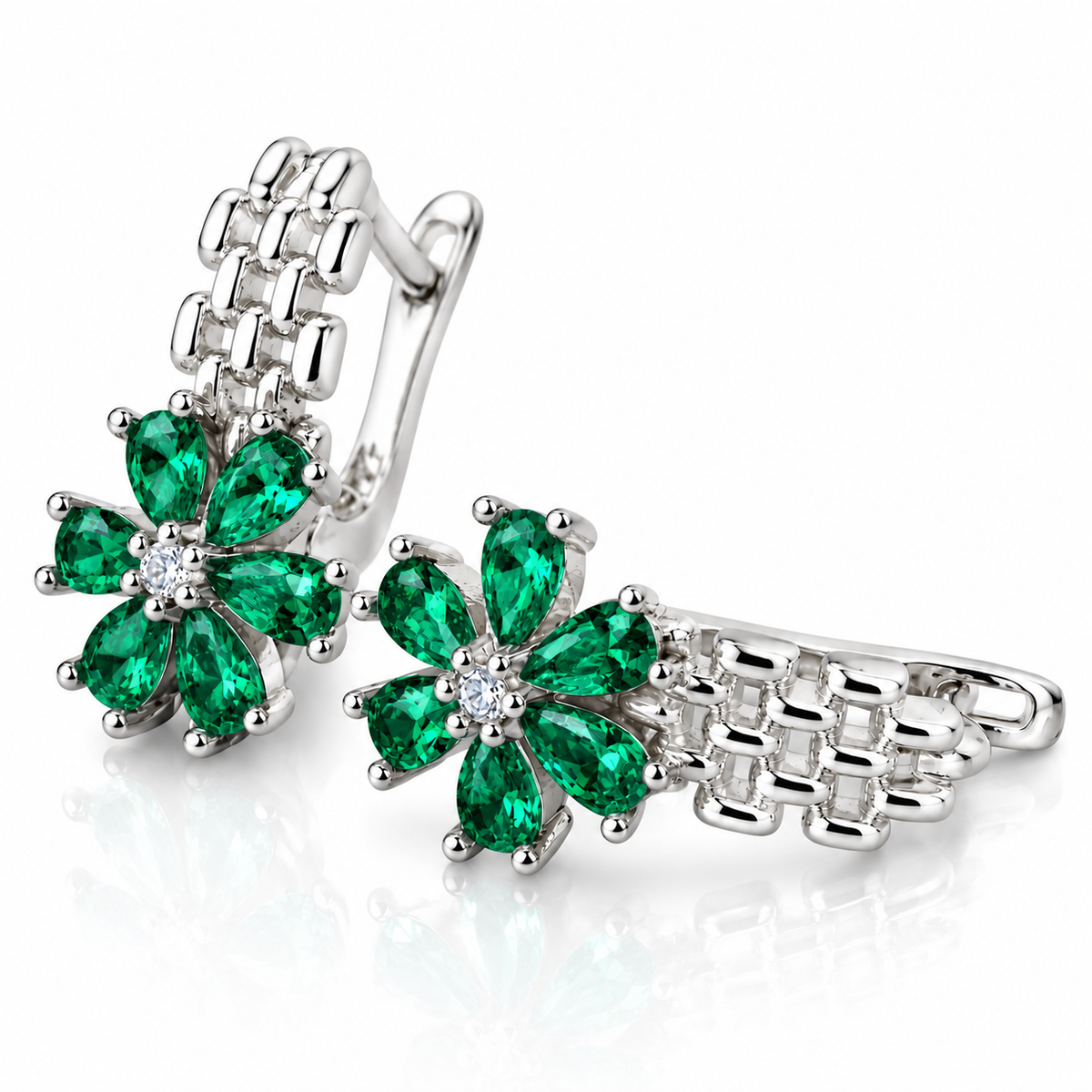 Cercei damă din Argint 925 „Smaraldia” – Flori cu Pietre Verde Smarald, Eleganță Regală. CD498