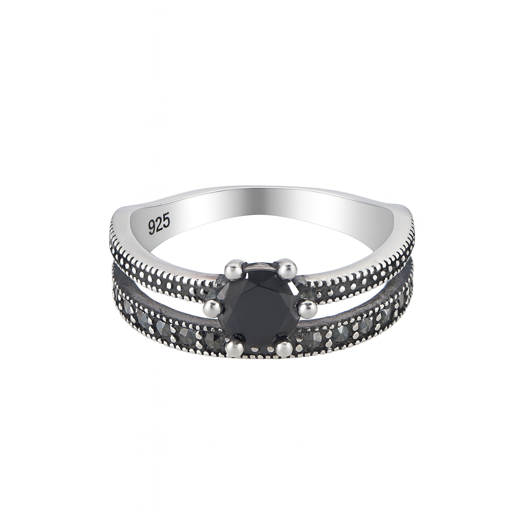 Inel din Argint 925 cu Marcasite și Piatra Neagră, Mărimea 13, Bijuterie Elegantă