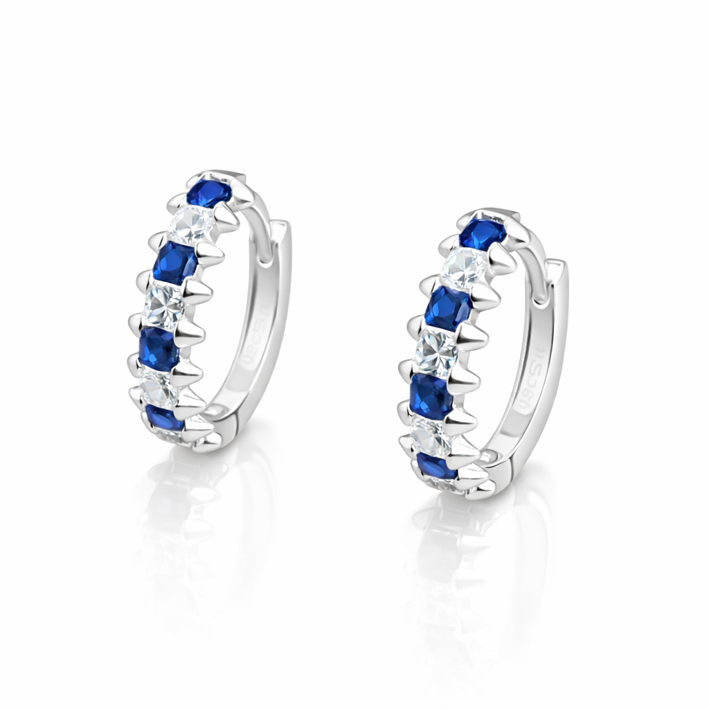 Cercei Argint 925 cu Zirconii Albastre și Albe, 14 mm – Eleganță Modernă, Finisaj Premium. CD524