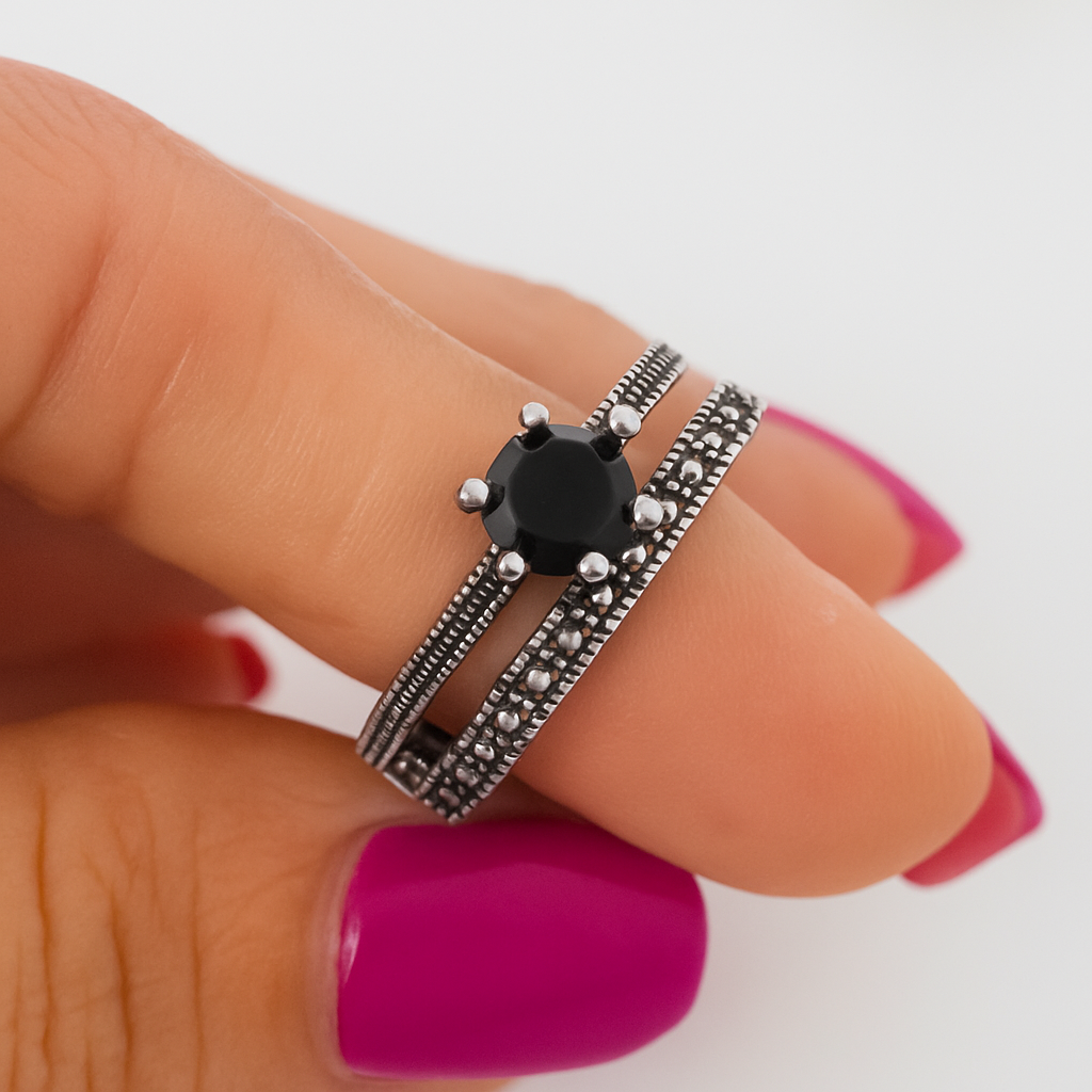 Inel din Argint 925 cu Marcasite și Piatra Neagră, Mărimea 13, Bijuterie Elegantă