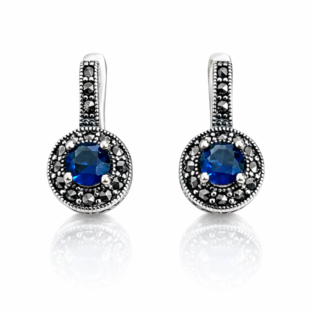 Cercei din Argint 925 cu Safir Albastru și Marcasite – Design Elegant Vintage, Tortiță Engleză. CD570