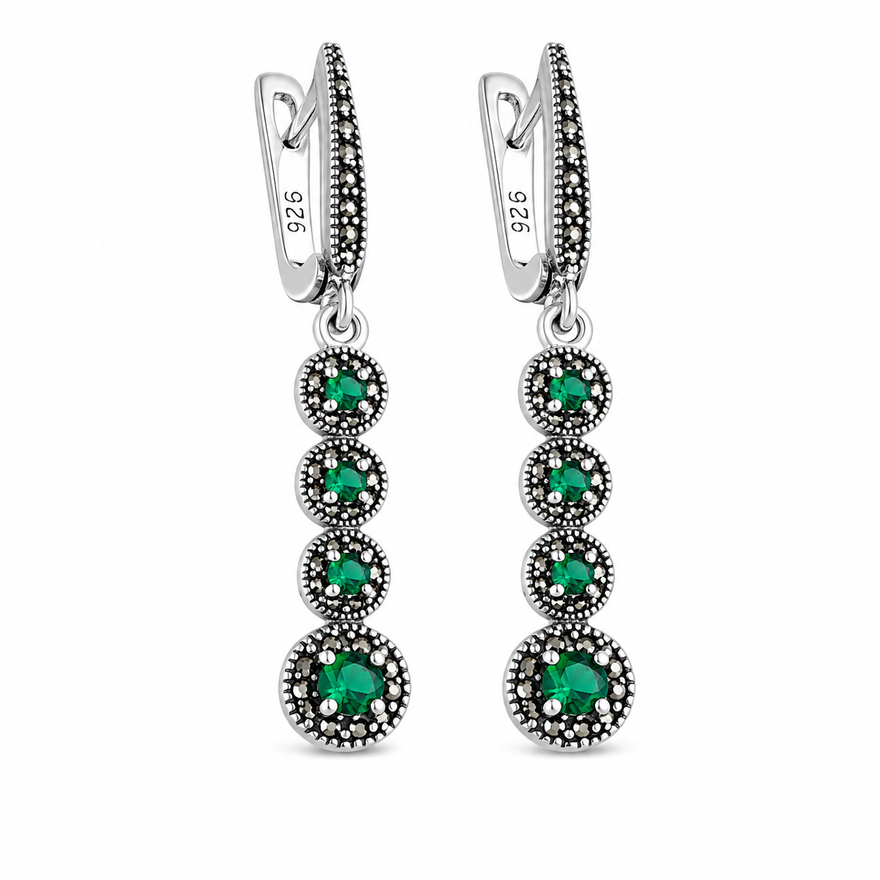 Cercei din Argint 925 cu Marcasite Naturale și Zirconii Verzi „Smaralda Regală”. CD621