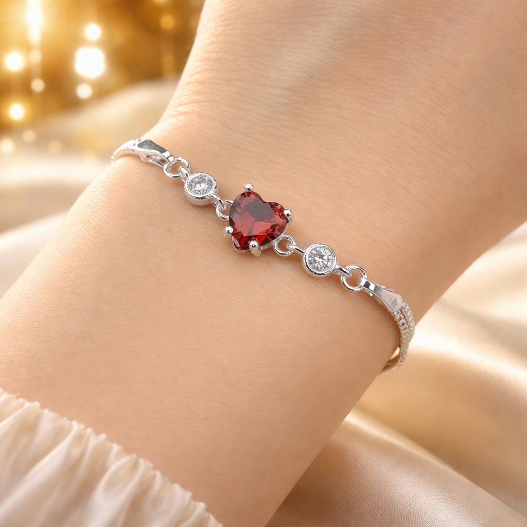 Bratara din Argint 925 cu Inima Rosie 8 mm si Cristale Zirconia – Lant Dublu Reglabil 17+3 cm. BD412