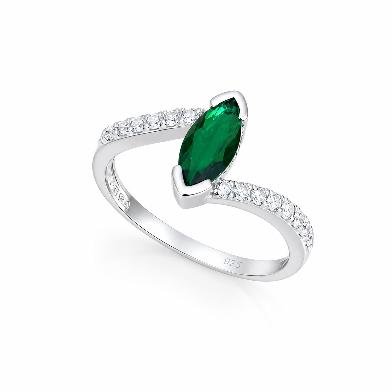 Inel elegant reglabil cu piatra verde tip naveta pe deget