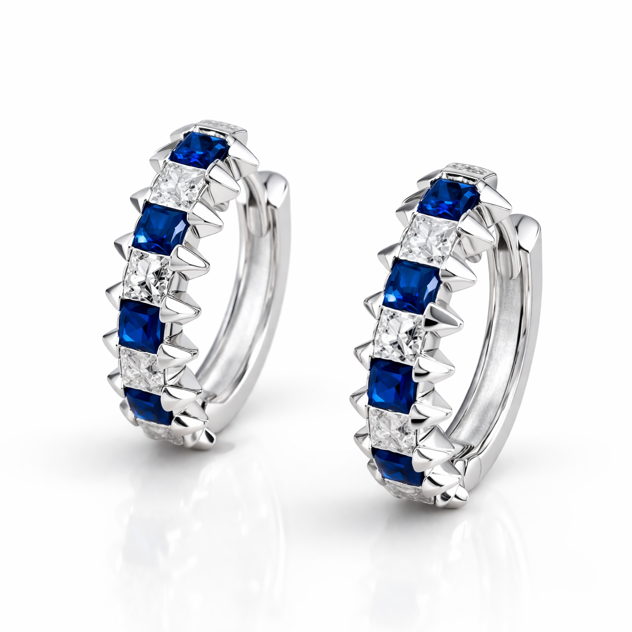 Cercei Argint 925 cu Zirconii Albastre și Albe, 14 mm – Eleganță Modernă, Finisaj Premium. CD524