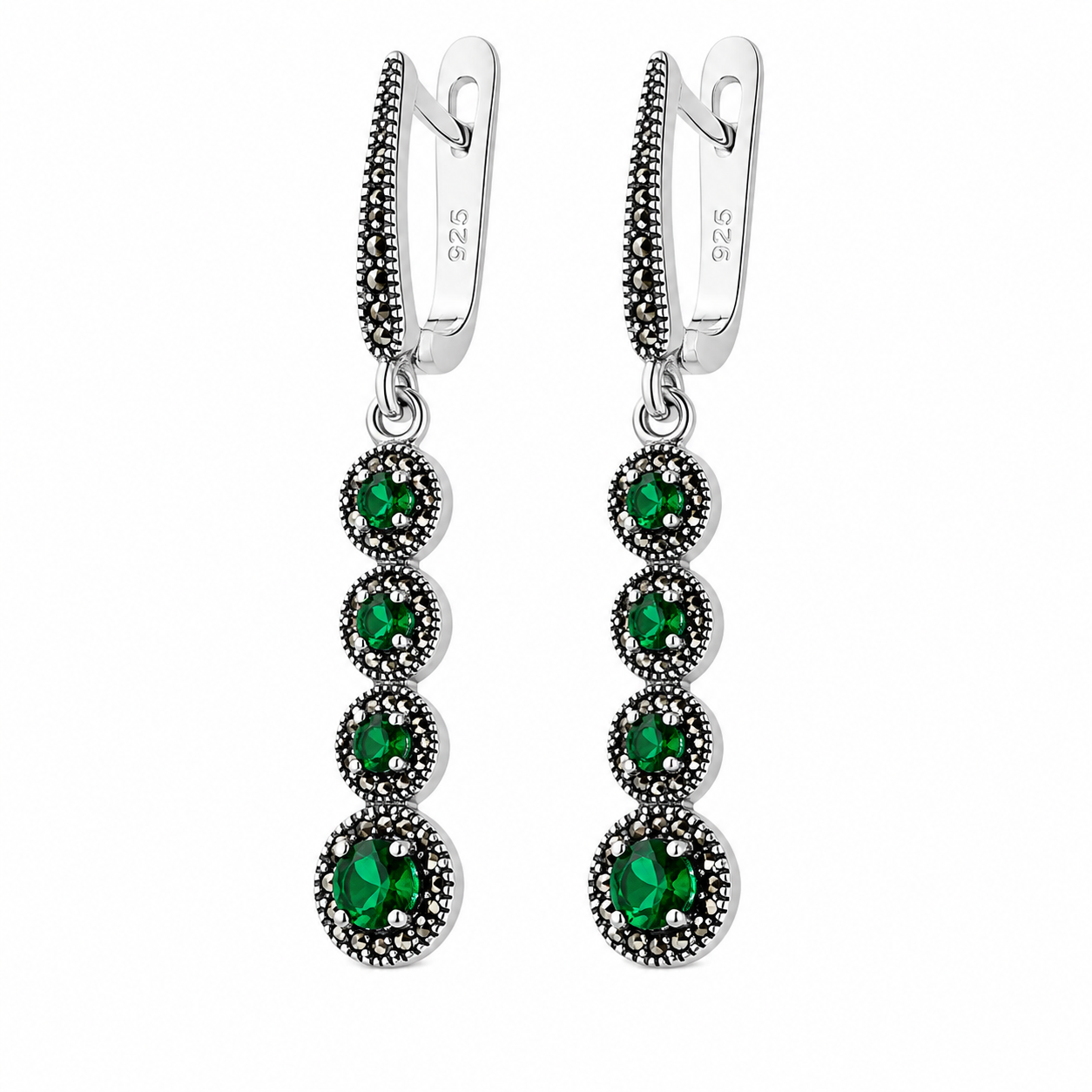 Cercei din Argint 925 cu Marcasite Naturale și Zirconii Verzi „Smaralda Regală”. CD621