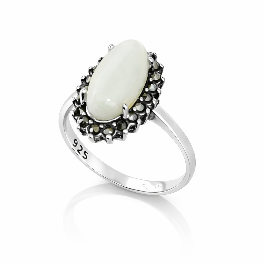 Inel din Argint 925 cu Sidef Alb Natural și Marcasite – Design Elegant Vintage, Piatra Ovală 14x7 mm. ID508