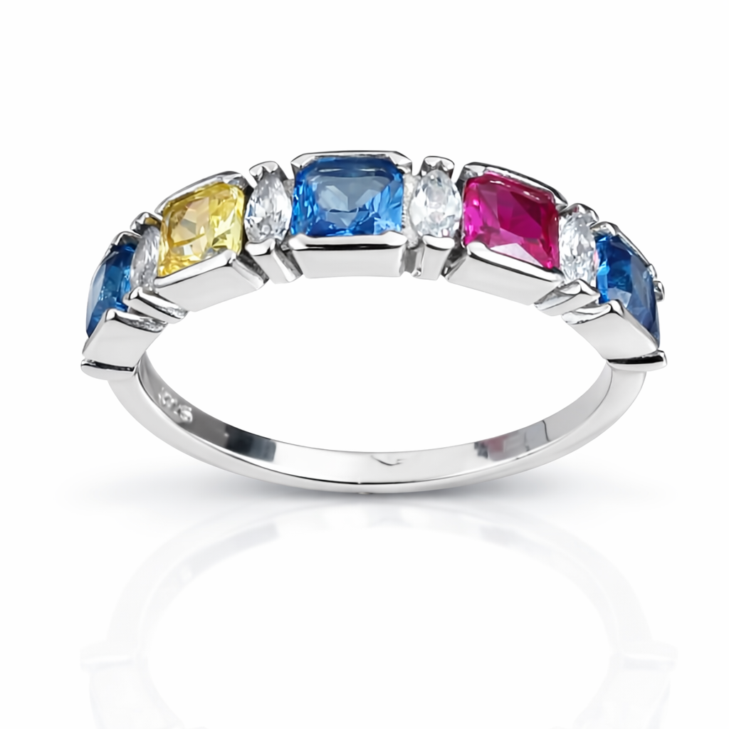 Inel Argint 925 cu Pietre Multicolore și Zirconii – Design Elegant Rainbow, Lățime 5 mm, 2.63g | InfinityBijoux România