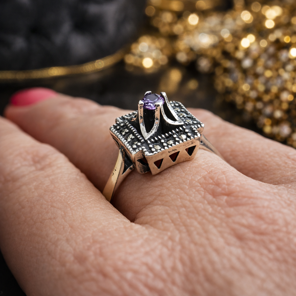 Inel Argint 925 Vintage cu Marcasite si Ametist Mov – Design Elegant Geometric, Stil Clasic Rafinat. ID510
