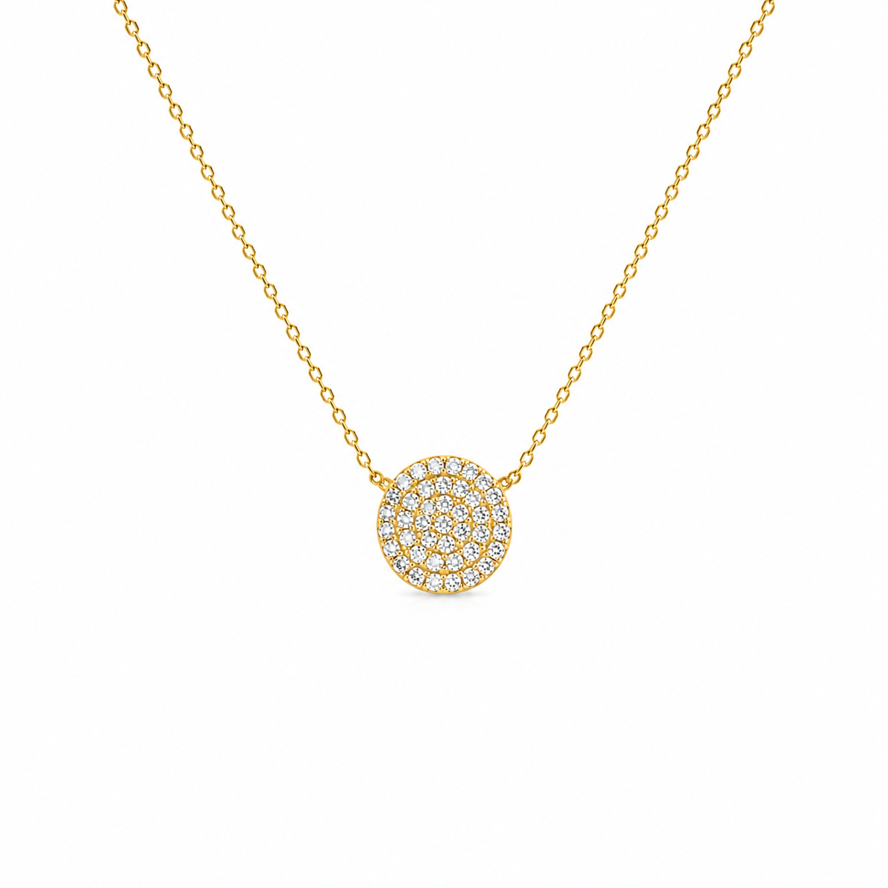 Colier Argint 925 Placat cu Aur 14K cu Pandantiv Rotund Zirconii 9 mm – Lănțișor Elegant Damă, Lungime Ajustabilă 41+5 cm, Cadou Ideal. C180