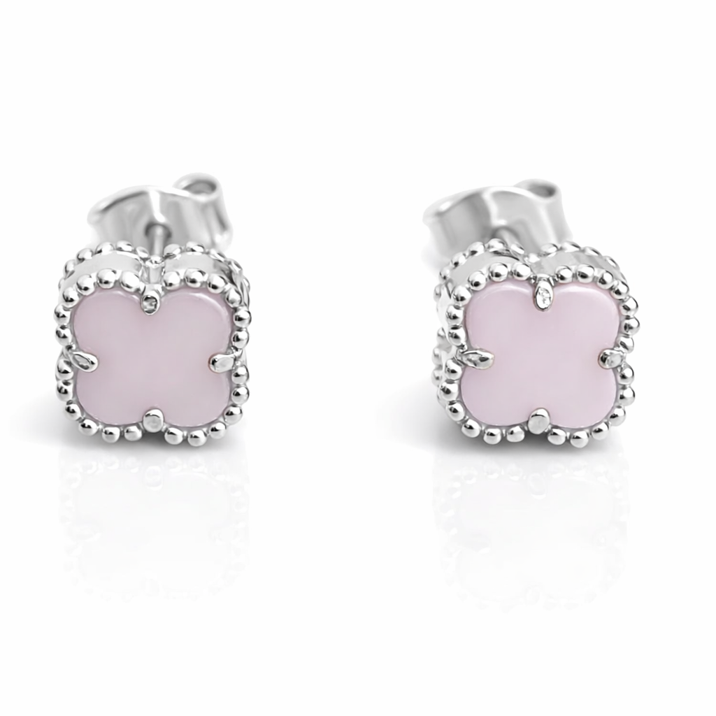 Cercei Argint 925 Rodiat cu Sidef Roz 8 mm – Model Trifoi Elegant, Sistem Șurub, Cadou Cutie Premium. CD376