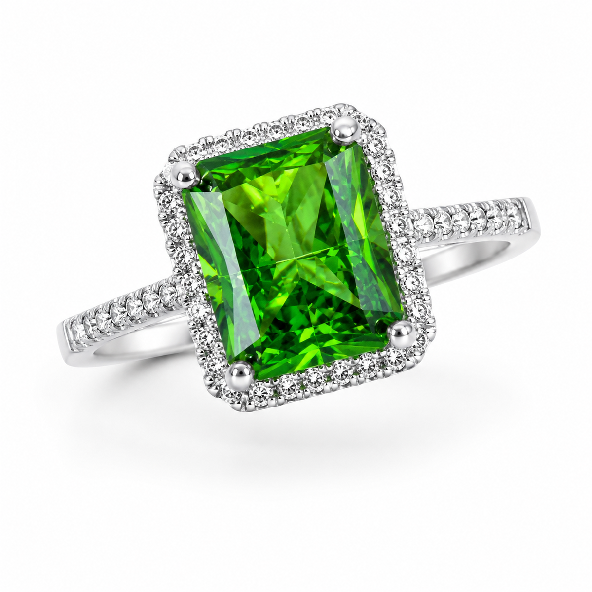 Inel din Argint 925 Green Royal Halo – cu Zirconiu Verde Smarald 10x8 mm, Eleganță Clasică și Strălucire Premium. ID557
