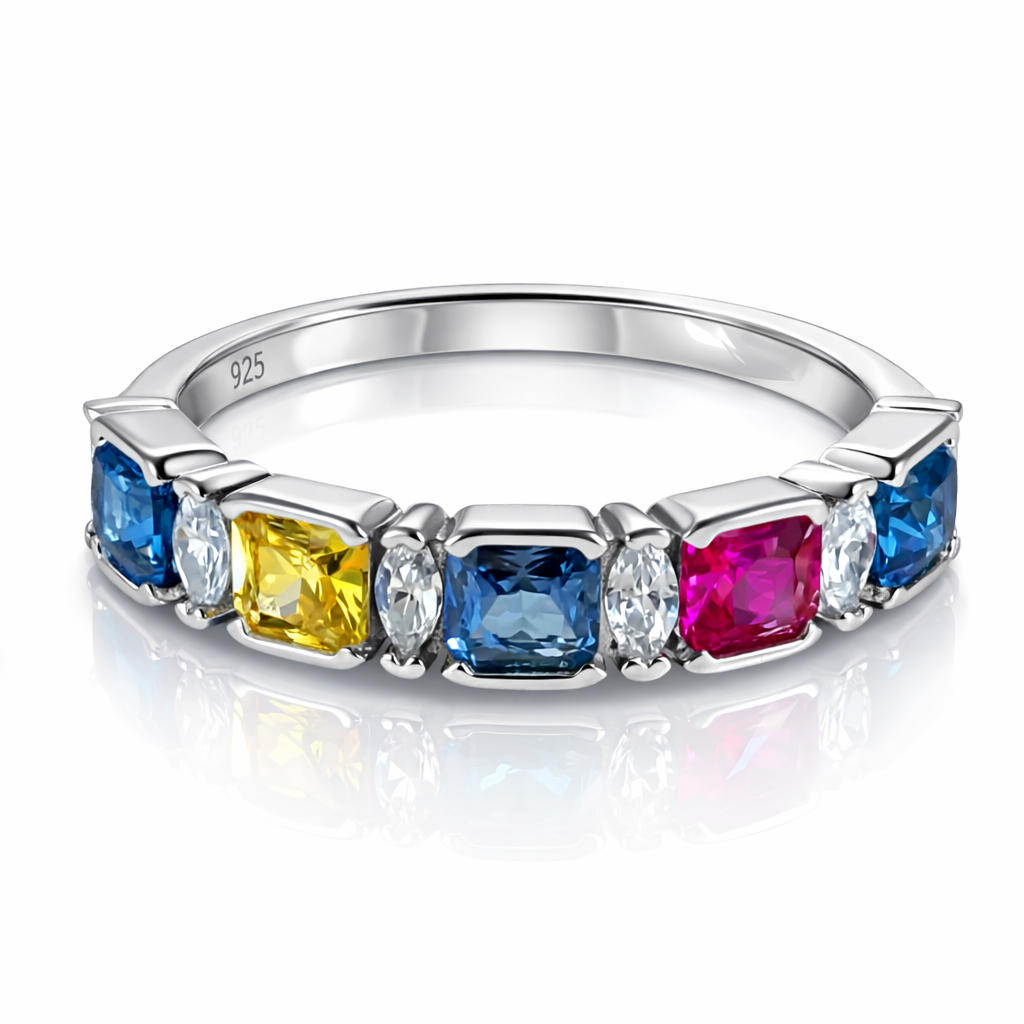 Inel Argint 925 cu Pietre Multicolore și Zirconii – Design Elegant Rainbow, Lățime 5 mm, 2.63g | InfinityBijoux România