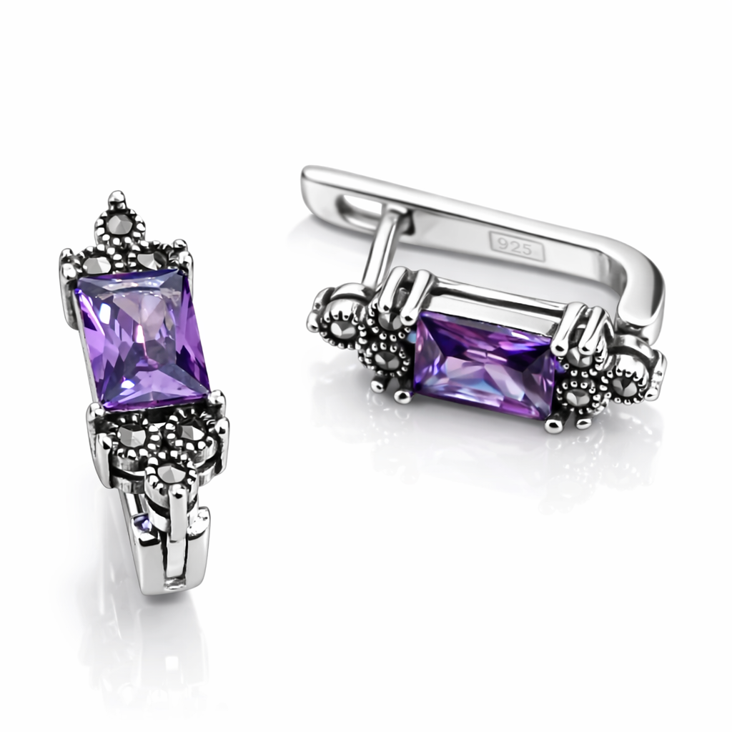Cercei din Argint 925 cu Ametist Mov și Marcasite – Design Vintage Elegant, 18 mm. CD569