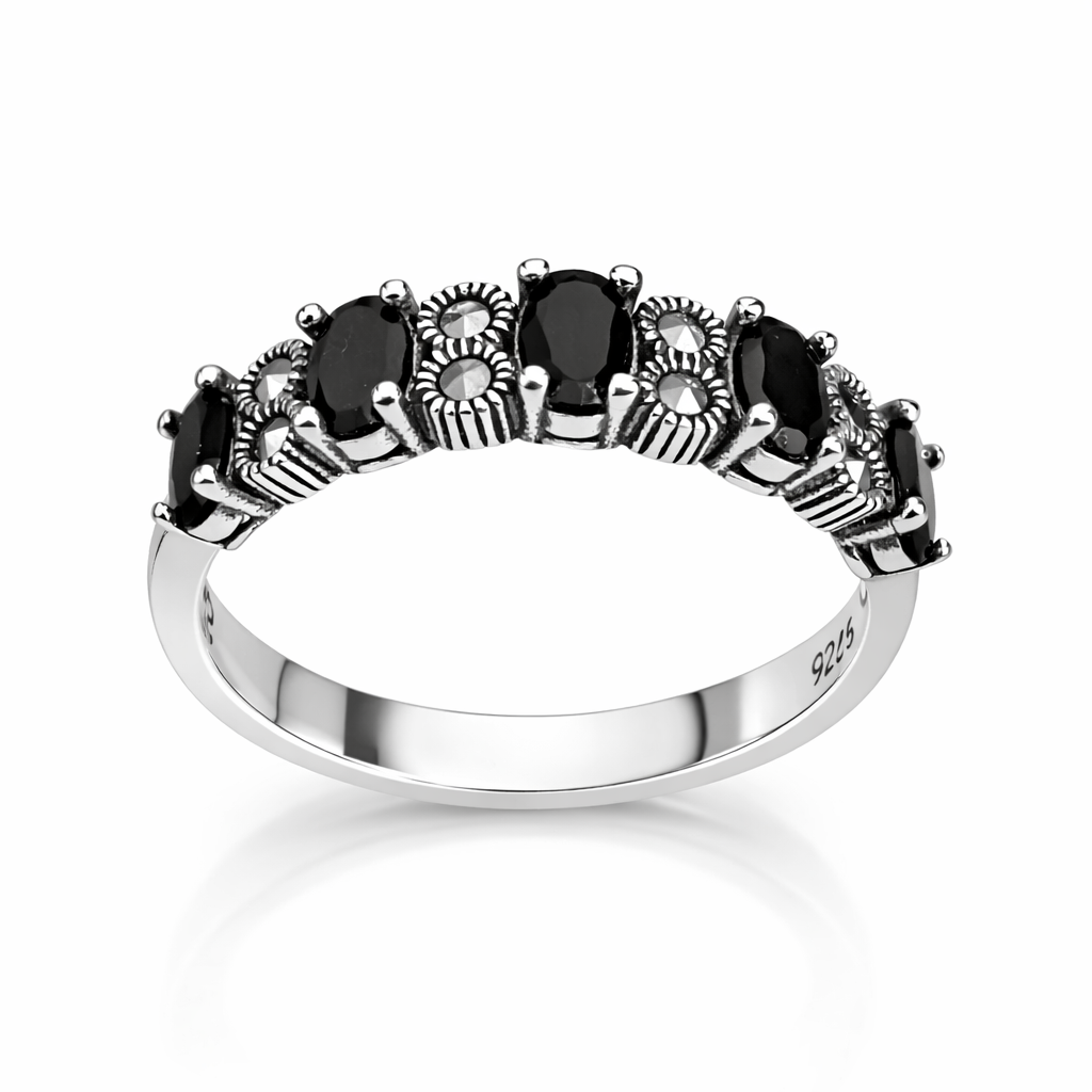 Inel Argint 925 cu Onyx Negru și Marcasite – Design Elegant Vintage, Lățime 5 mm, Cadou Premium Femei | InfinityBijoux România. ID499
