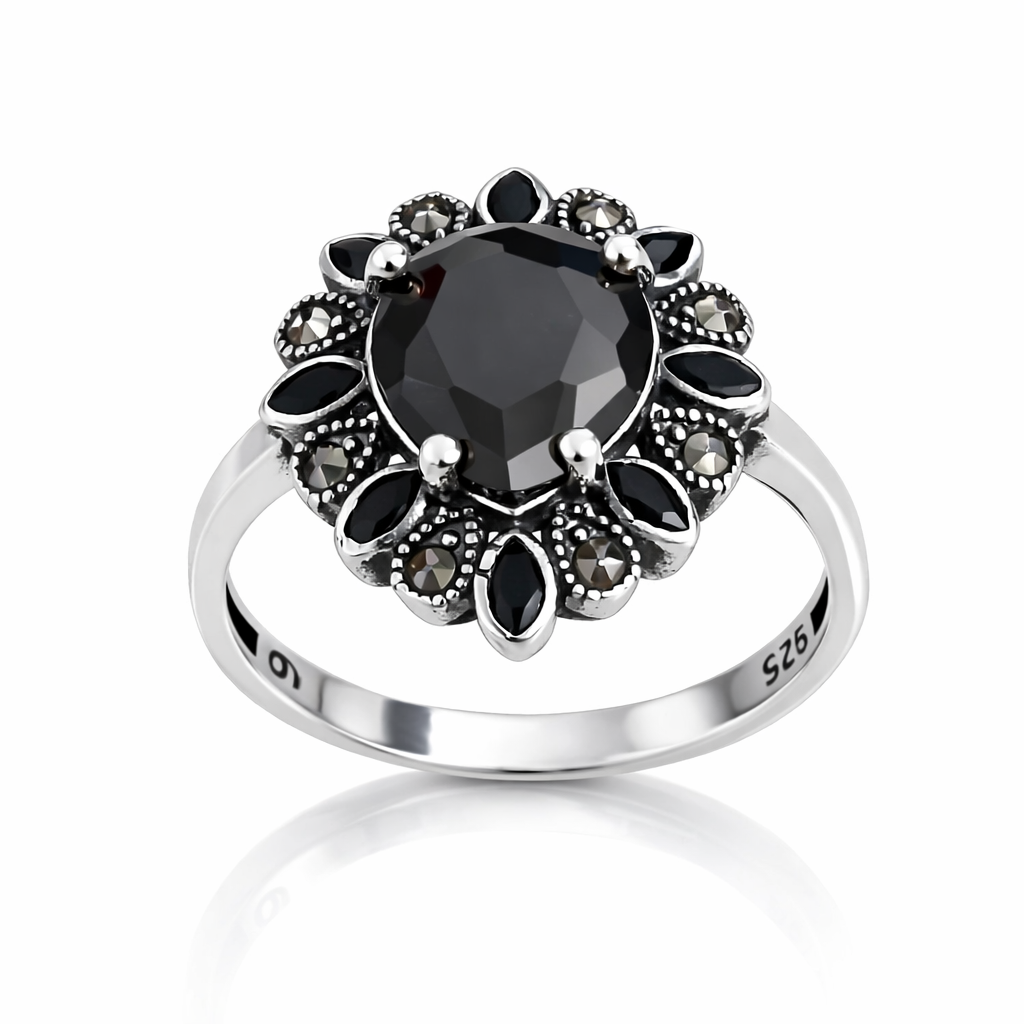 Inel Elegant din Argint 925 cu Onyx Negru și Marcazite – Design Vintage. ID507