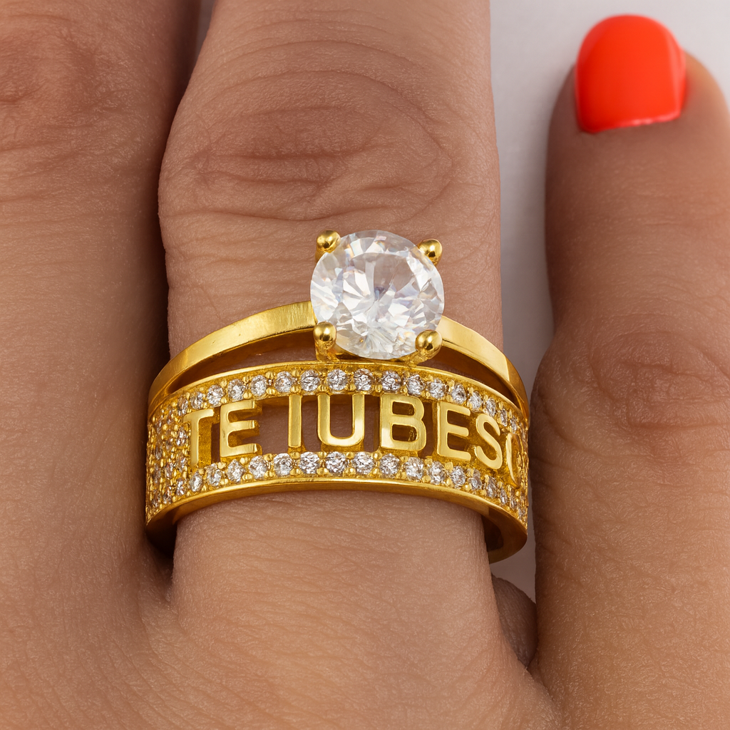 Inel elegant din argint veritabil 925placat cu aur de 14k, cu piatră cubic zirconia și inscripția „Te Iubesc”, simbolul iubirii adevărate.