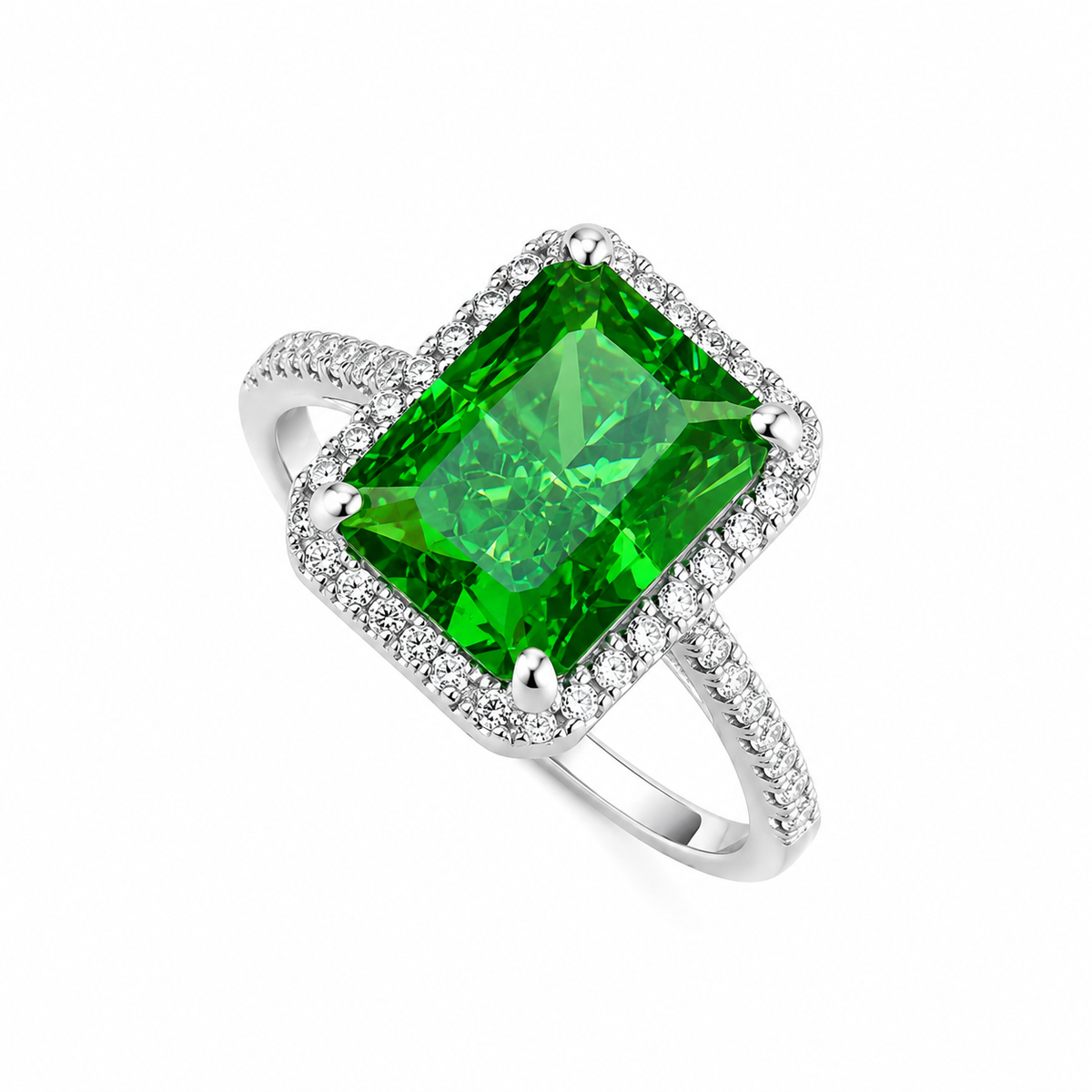 Inel din Argint 925 Green Royal Halo – cu Zirconiu Verde Smarald 10x8 mm, Eleganță Clasică și Strălucire Premium. ID557