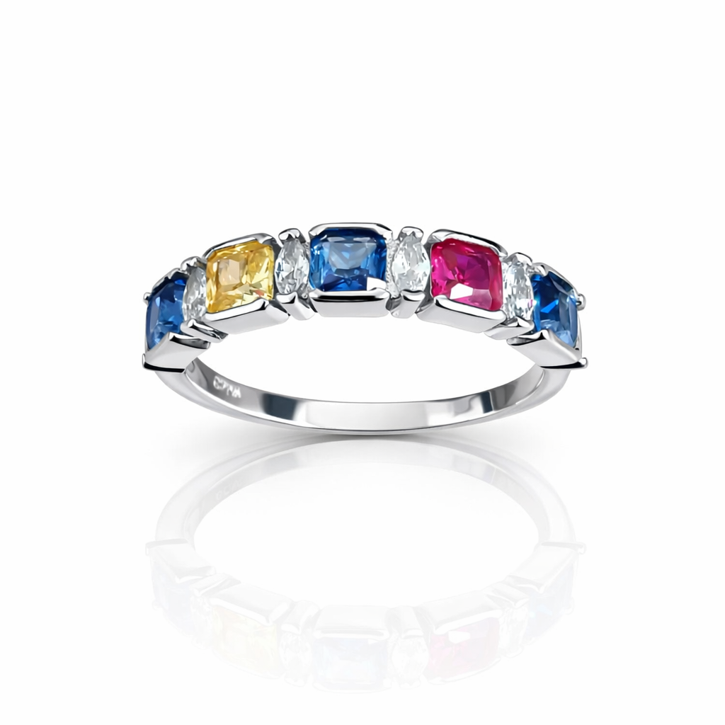 Inel Argint 925 cu Pietre Multicolore și Zirconii – Design Elegant Rainbow, Lățime 5 mm, 2.63g | InfinityBijoux România