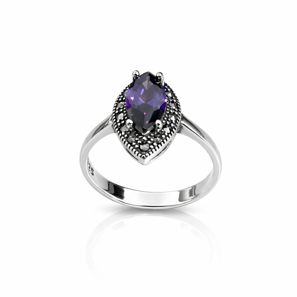 Inel Imperial Amethyst Noir din Argint 925 cu Marcazite – Design Vintage Elegant. ID504