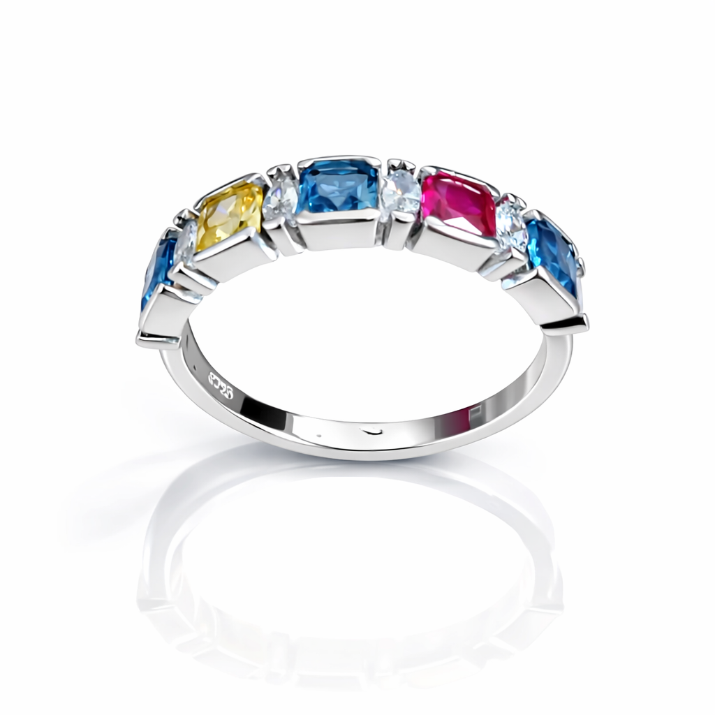 Inel Argint 925 cu Pietre Multicolore și Zirconii – Design Elegant Rainbow, Lățime 5 mm, 2.63g | InfinityBijoux România