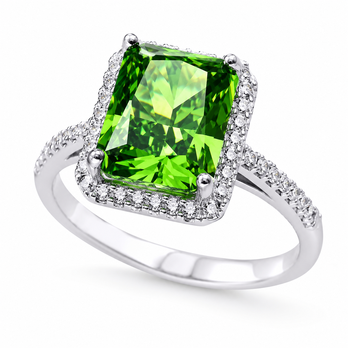 Inel din Argint 925 Green Royal Halo – cu Zirconiu Verde Smarald 10x8 mm, Eleganță Clasică și Strălucire Premium. ID557