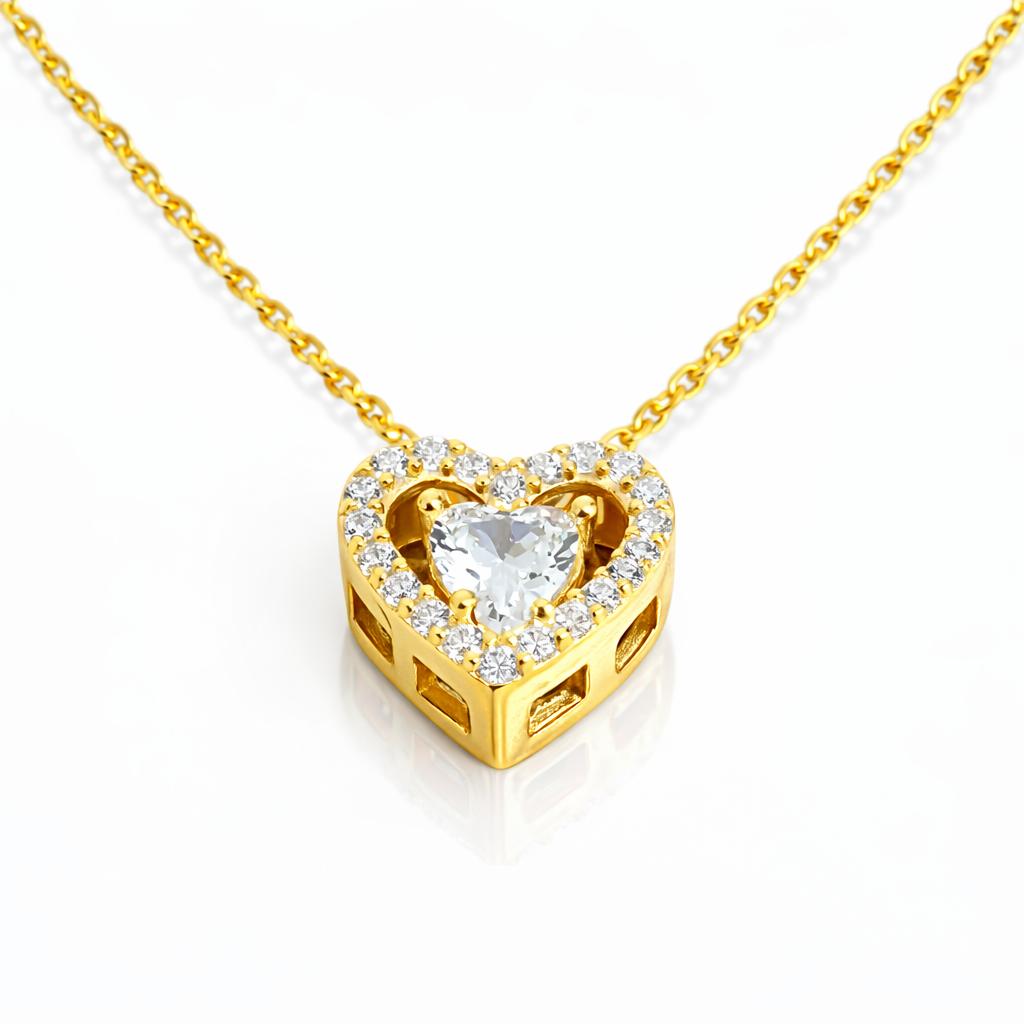Colier Inimă din Argint 925 Placat cu Aur cu Zirconii – Pandant 9 mm, Lănțișor Reglabil 40+5 cm, Cadou Elegant pentru Ea. C196
