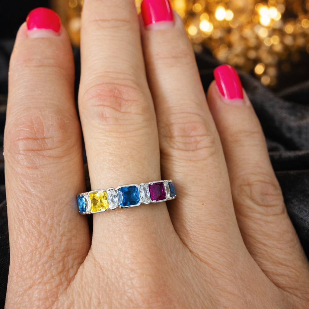 Inel Argint 925 cu Pietre Multicolore și Zirconii – Design Elegant Rainbow, Lățime 5 mm, 2.63g | InfinityBijoux România