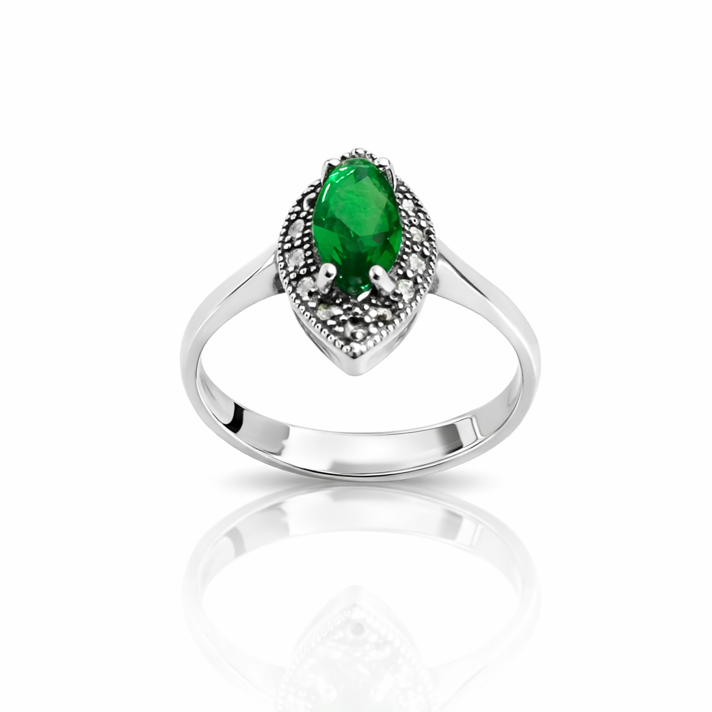 Inel Argint 925 „Emerald Royale” cu Marcazite și Piatră Verde Ovală 12x6 mm – Eleganță Vintage Premium. ID504