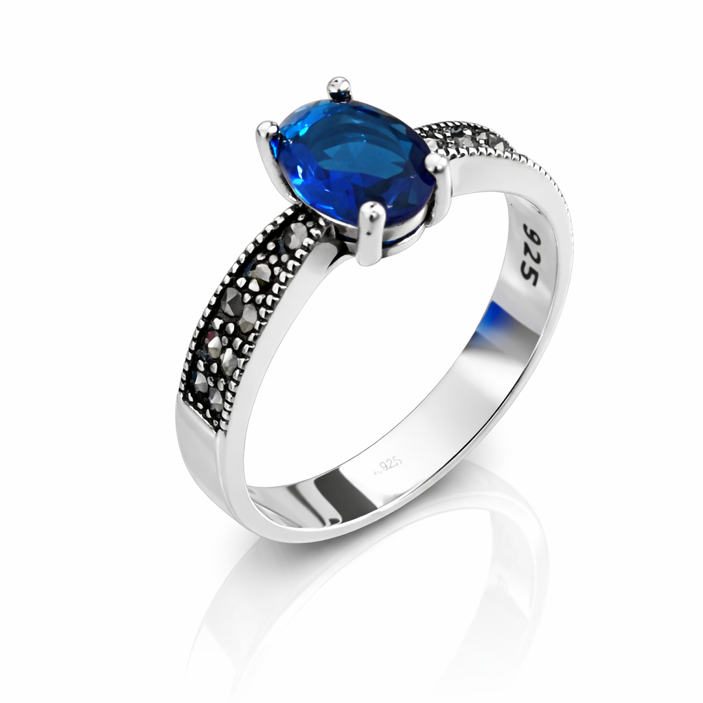 Inel Argint 925 „Regalis Blue” cu Safir Albastru și Marcasite. ID514