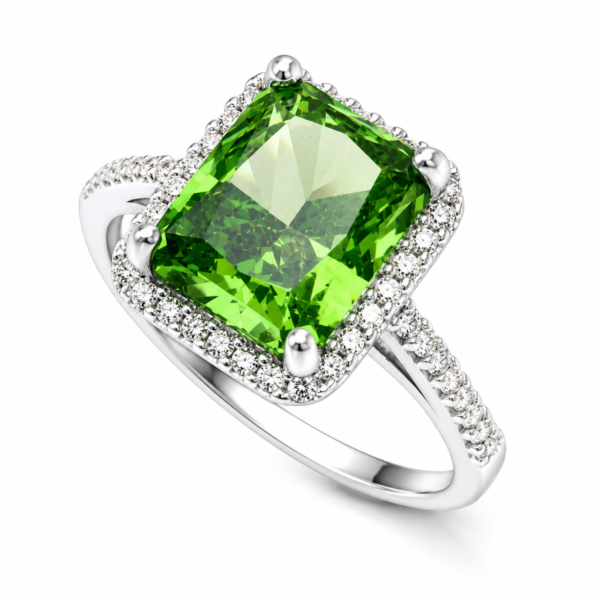 Inel din Argint 925 Green Royal Halo – cu Zirconiu Verde Smarald 10x8 mm, Eleganță Clasică și Strălucire Premium. ID557