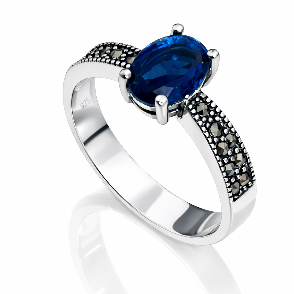 Inel Argint 925 „Regalis Blue” cu Safir Albastru și Marcasite. ID514