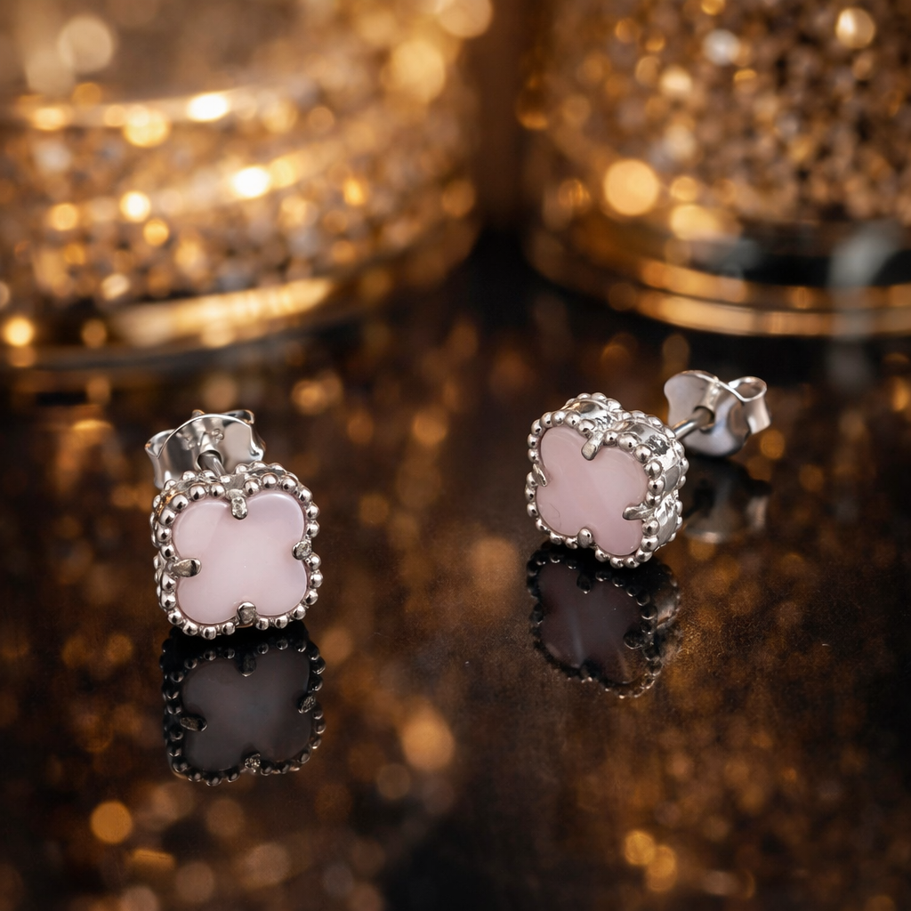 Cercei din Argint 925 cu Sidef Roz Tip Floare – Eleganță Inspirată de Stilul Van Cleef. CD339