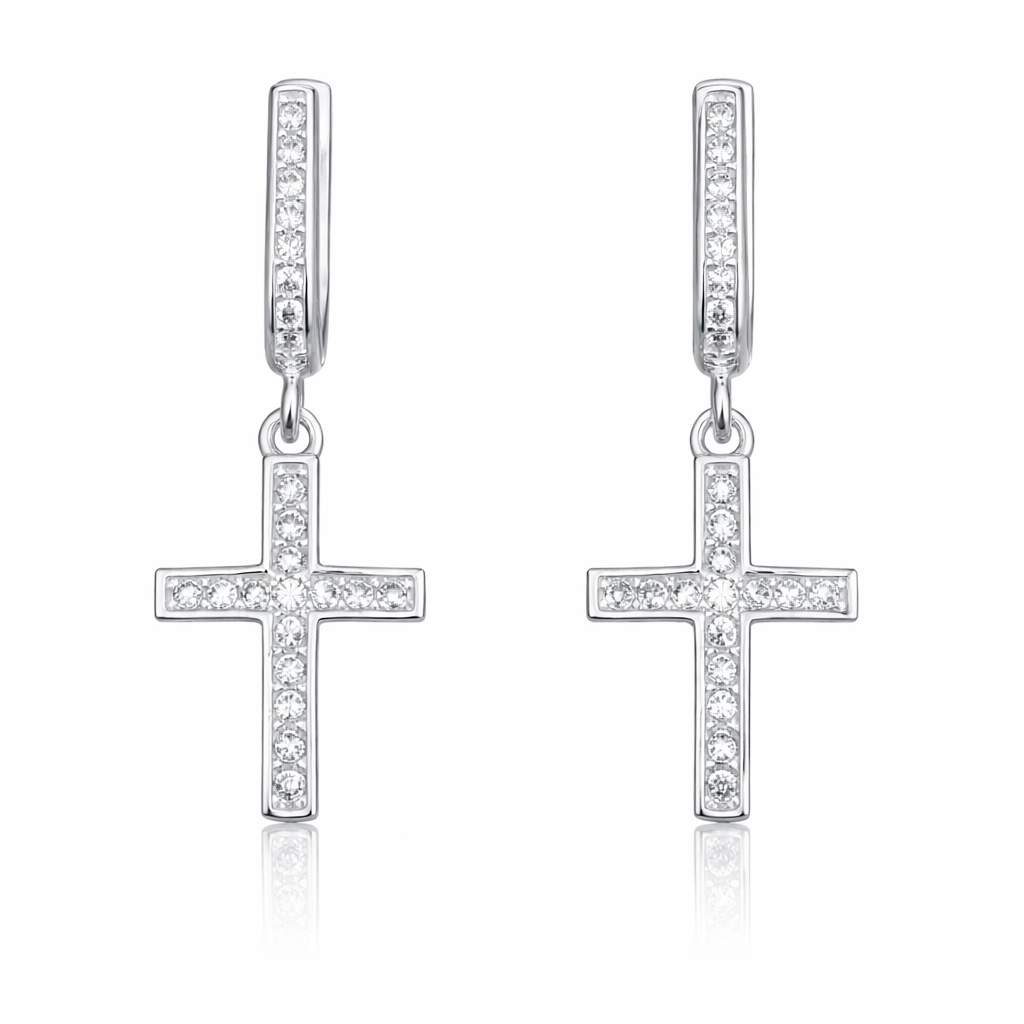 Cercei din Argint 925 cu Cruce și Zirconii Strălucitoare – Cercei Damă Eleganți cu Tortiță, 2.8 cm. CD528