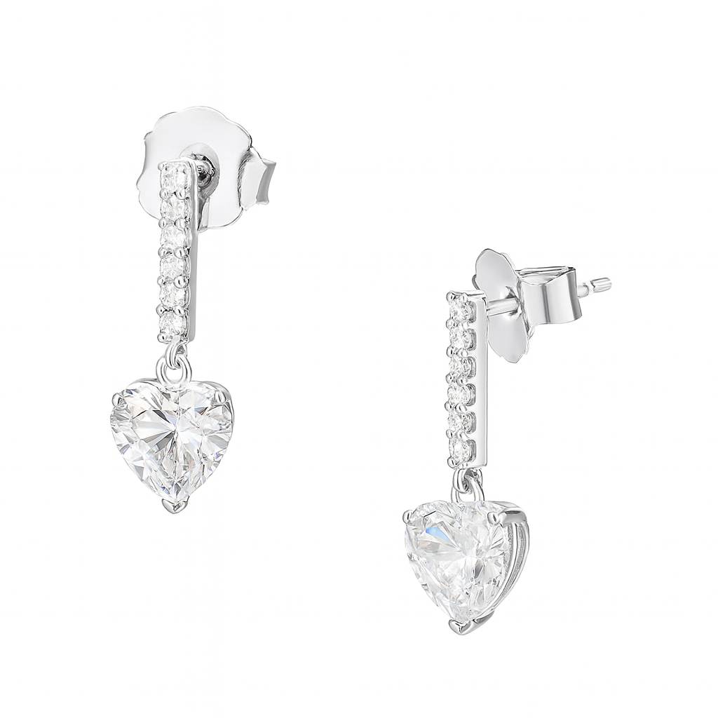 Cercei din Argint 925 cu Inimă și Pietre Cubic Zirconia, Închidere Tip Șurub