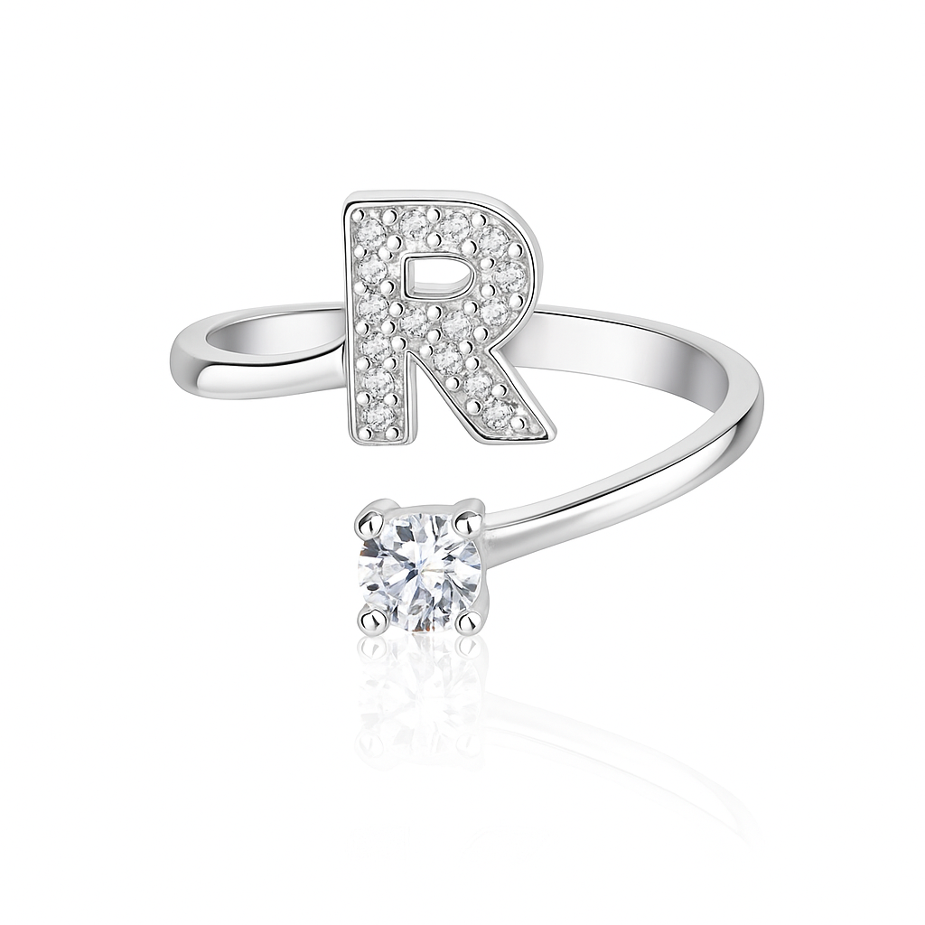 Inel reglabil din argint cu inițială – bijuterie elegantă personalizată din argint 925, mărime universală, cutie cadou inclusă. ID10