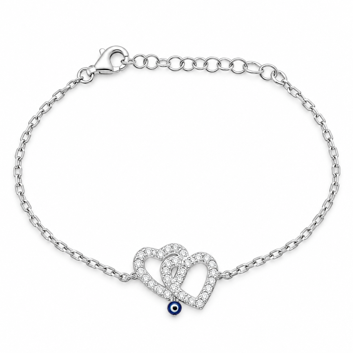 Brățară din argint 925 „Inimi Ocrotite” – două inimioare și ochi protector, reglabilă. BD477